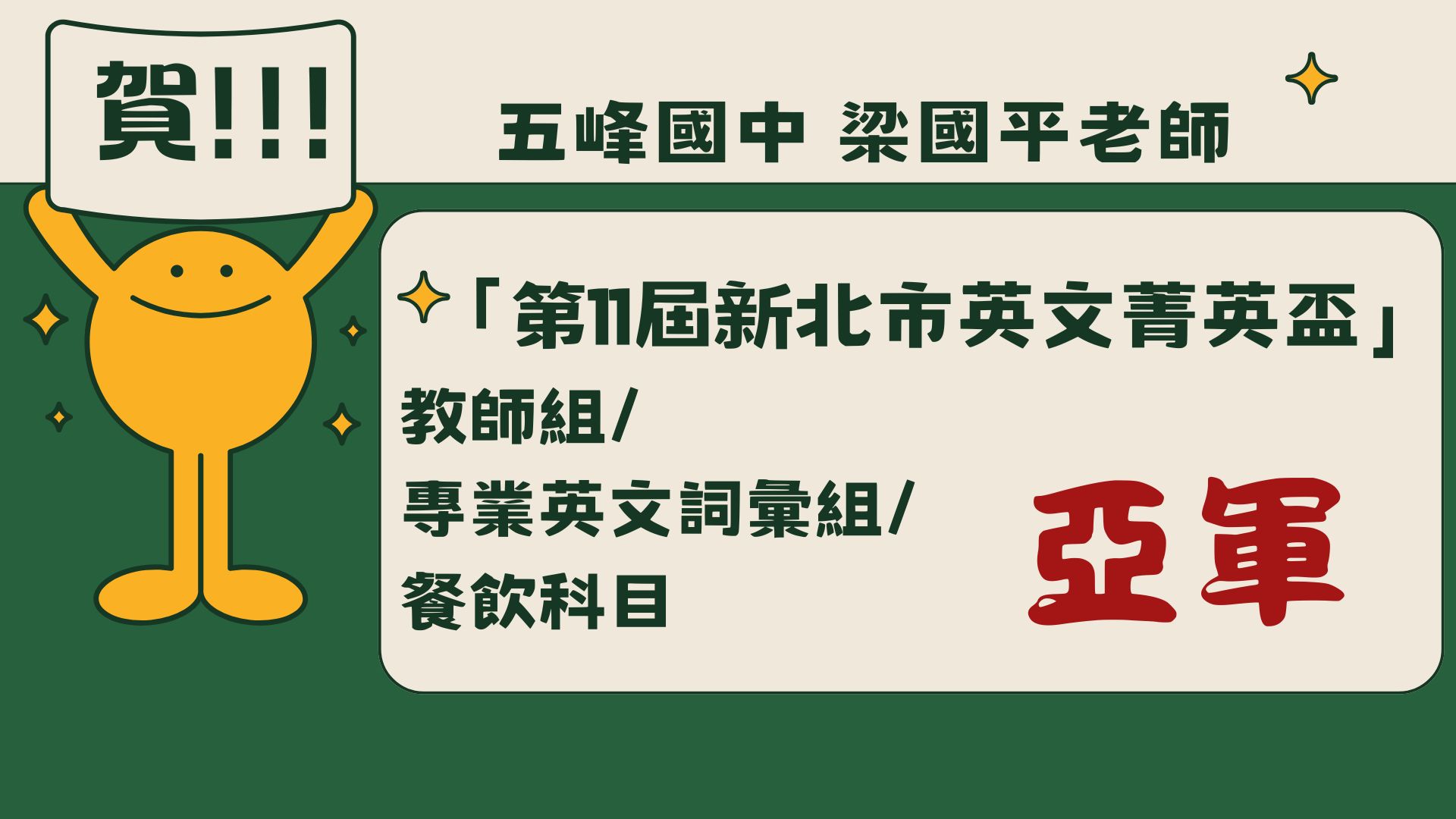 梁國平老師教師組專業英文獲獎